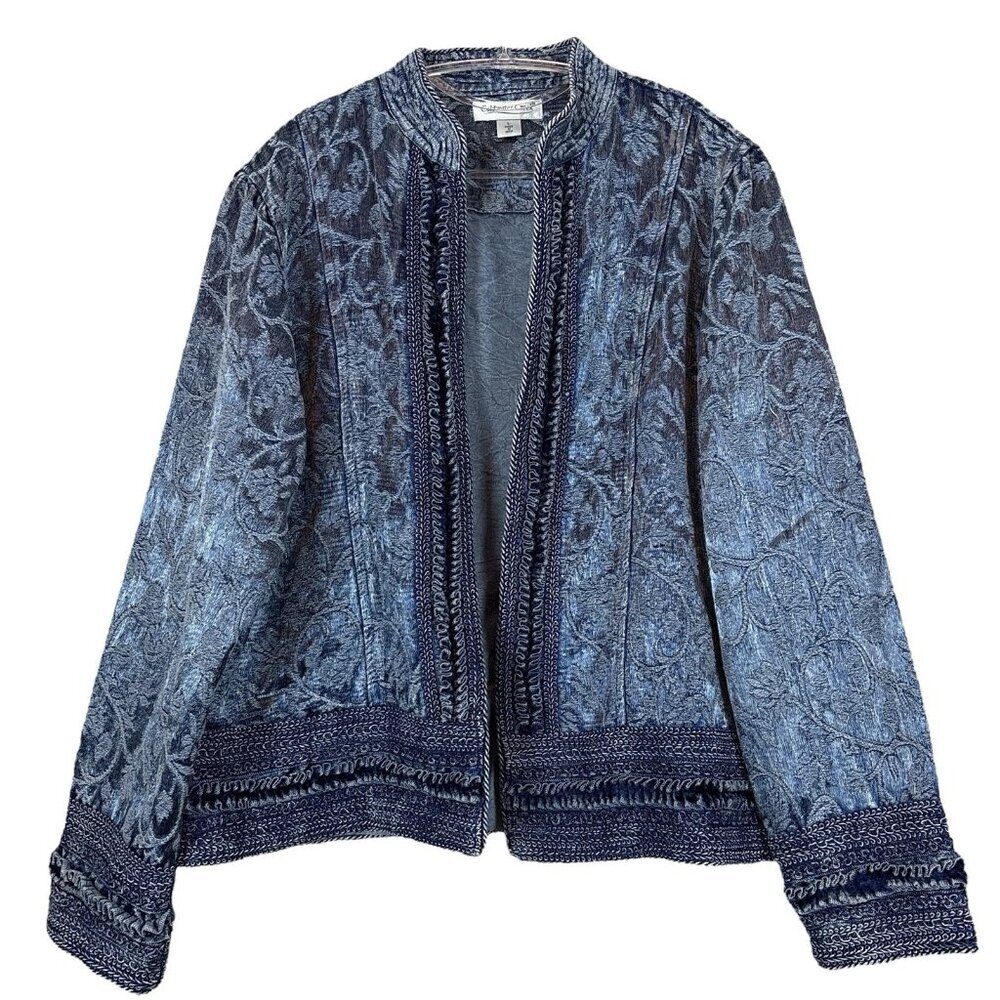 Coldwater Creek Distressed Satiny Velvet Brocade Open Front Jacket Blue Size L